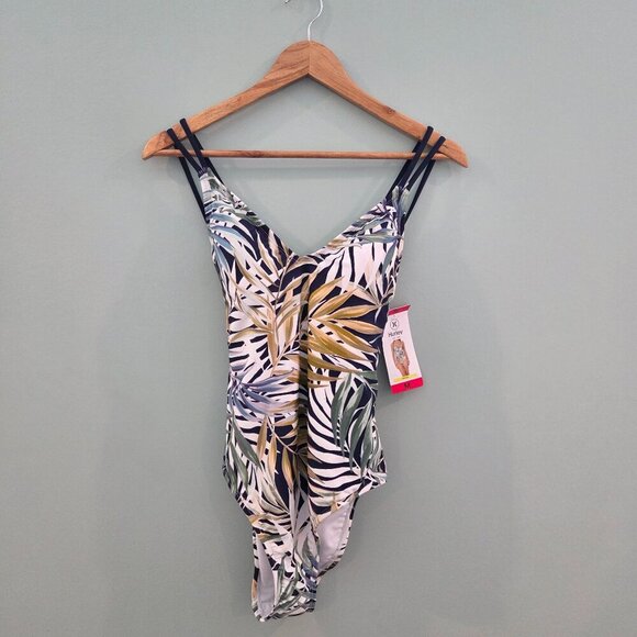 HURLEY SIZE MEDIUM ONE-PIECE SWIMSUIT GREEN LEAF WITH BLUE/WHITE/TAN NEW - Picture 1 of 10
